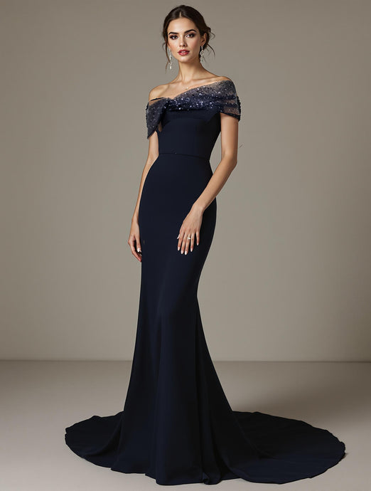 Navy beaded , guest wedding , mother of the bride dress
