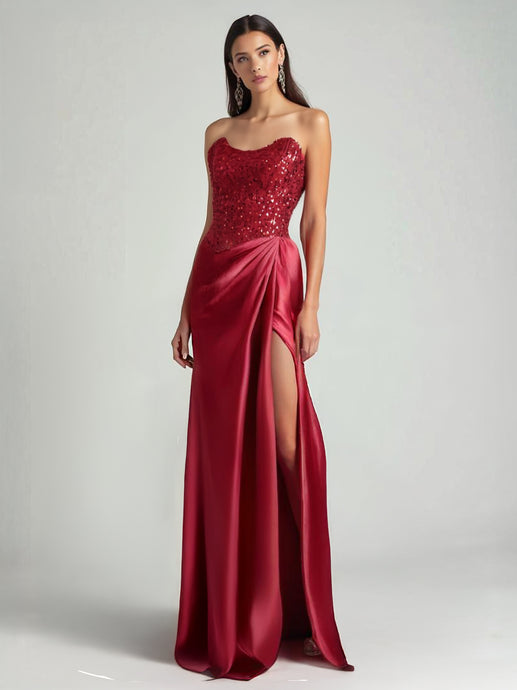 red beaded long corsette with shiny draped satin skirt 